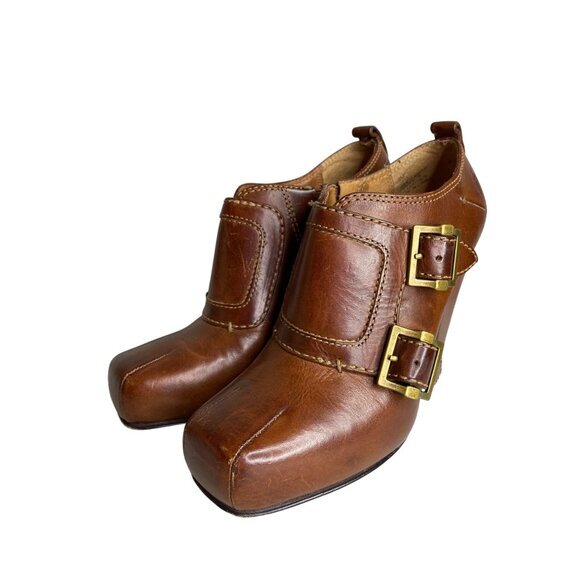 Frye Marta Brown Leather‎ Heeled Ankle Booties With Double Buckle Design 6M - Picture 2 of 9